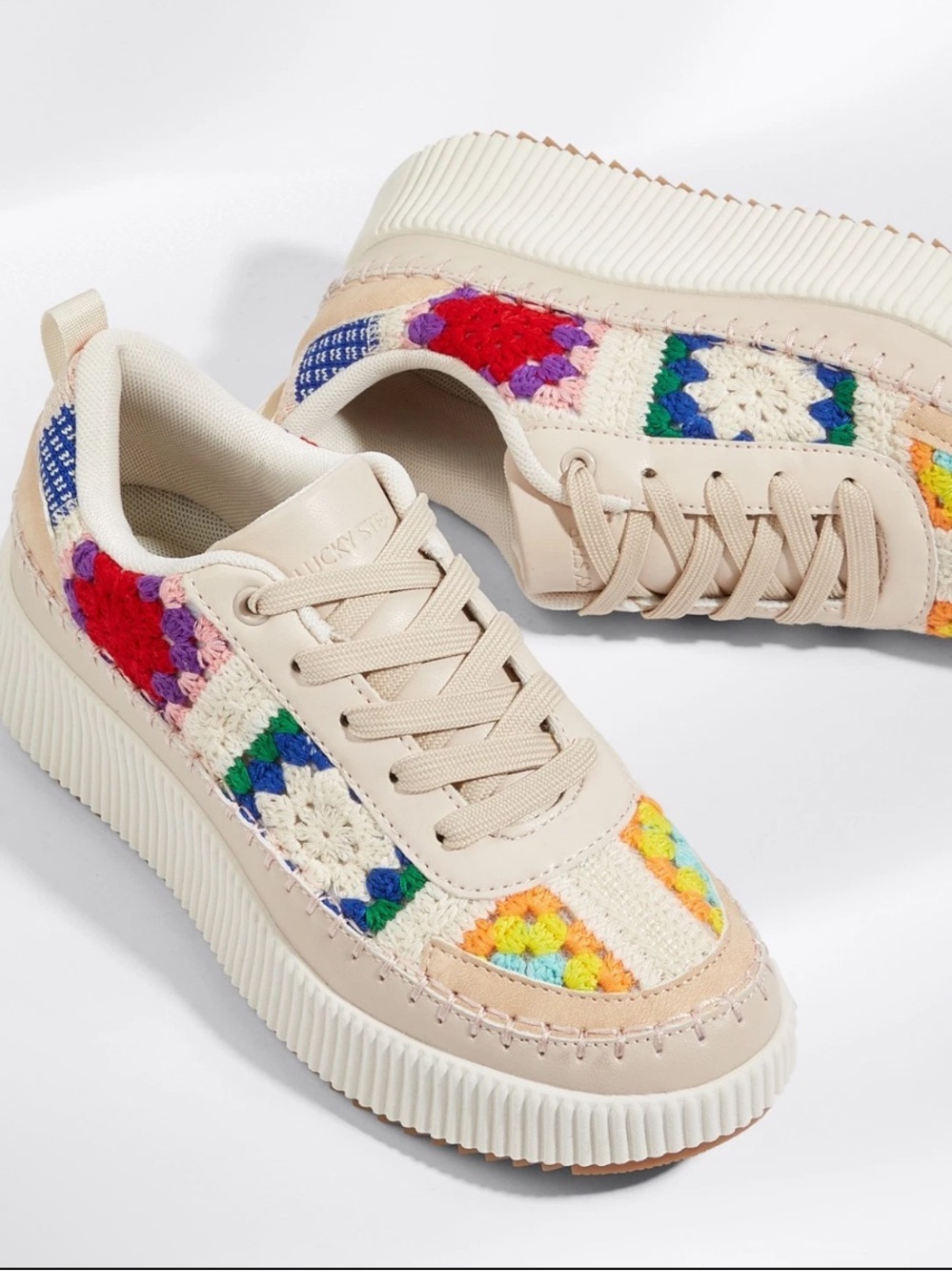 Lucky Step Cream Platform Sneakers with Multicolor Embroidered Accents, sz 8.5
